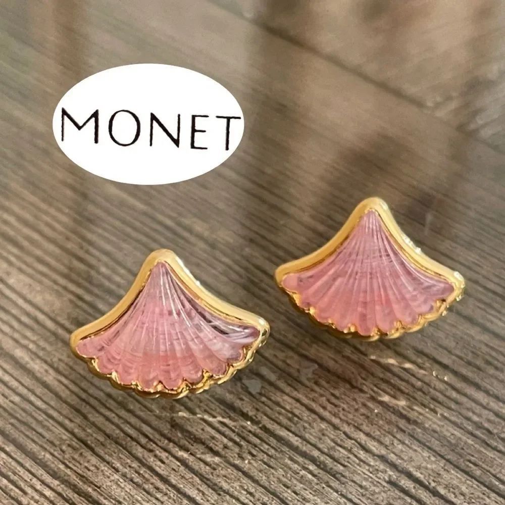Vintage Monet Pink and Gold-tone Fan-Shaped Earrings Pink Shell Earrings